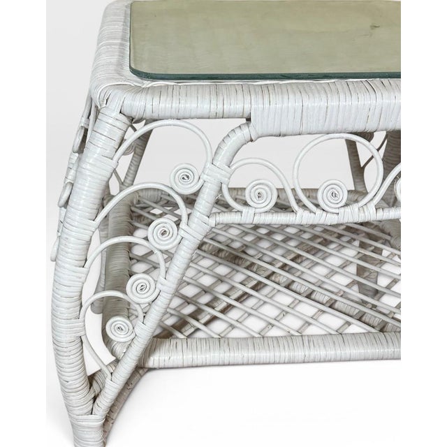 White Vintage Boho Chic White Wicker Scrolled Side Tables With Glass Tops - A Pair For Sale - Image 8 of 13