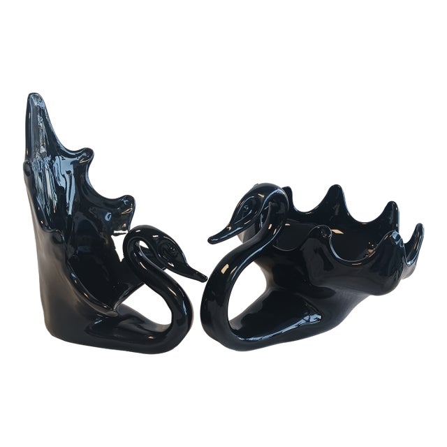 Mid-Century Murano Black Amethyst Glass Graduated Swan Set For Sale