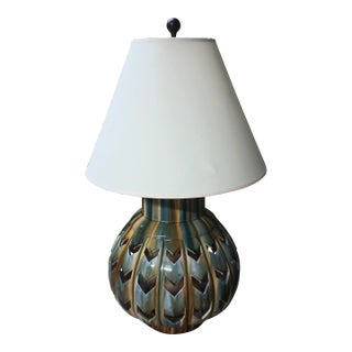 Vintage Chevron Pottery Lamp All Original with Shade For Sale