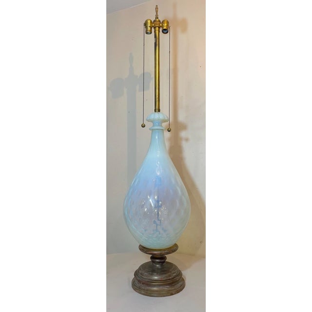 Italian 1960s Gigantic Hand Blown Italian Murano Opalescent Lattice Opal Glass Table Lamp Wood For Sale - Image 3 of 15