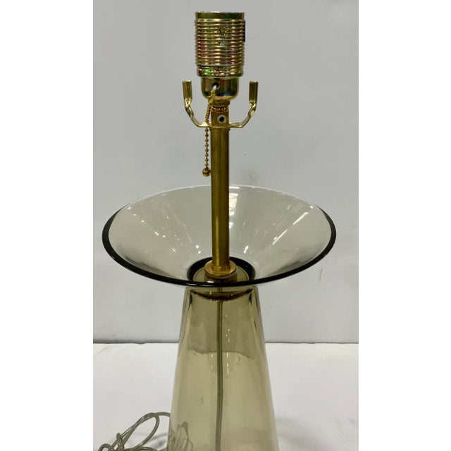 Original Retail $2397, stylish Barbara Barry for Baker Smoked Glass Waistline Table Lamp, brass hardware, showroom floor...