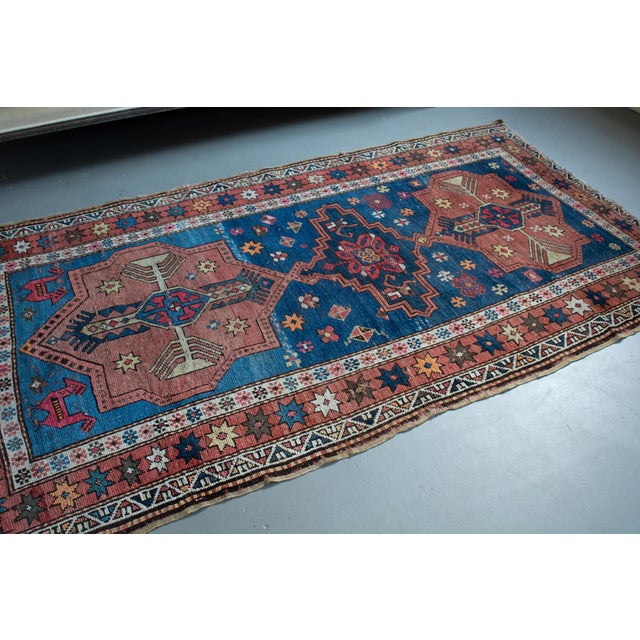 Antique 1920s Armenian Medallion Geometric Floral Abrash Light Blue Orange Terracotta - 3’9” X 6'10" For Sale - Image 10 of 11