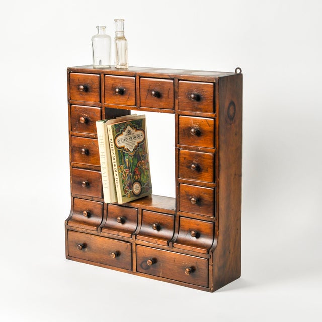 Brown Antique Wall Hanging Apothecary Cabinet With 16 Small Drawers For Sale - Image 8 of 16