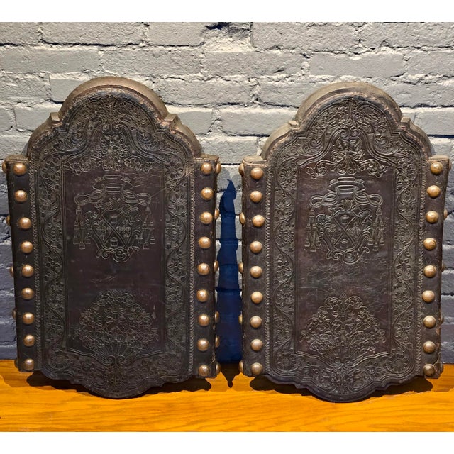 18th Century Portuguese Embossed Leather Panels W/Heraldic Crest & Brass Studs- A Pair For Sale - Image 10 of 12