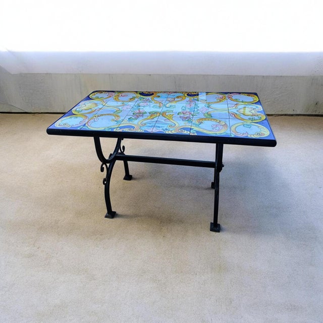 Handcrafted Coffee Table with Hand-Painted Majolica Ceramic Top and a Wrought Iron Base, 2000-2010 For Sale - Image 10 of 10
