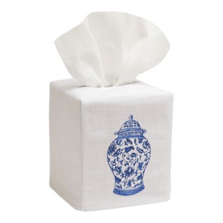 Wide Ginger Jar Tissue Box Cover White Linen & Cotton, Embroidered For Sale