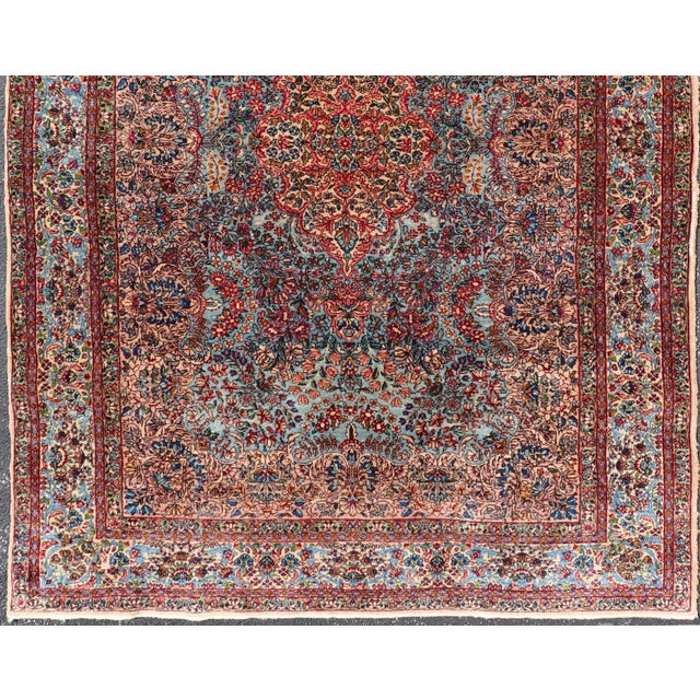 Traditional Antique Kerman Rug With Soft Blue Field, Rose Red Medallion and Floral Design 5'10 X 8'6 For Sale - Image 3 of 15