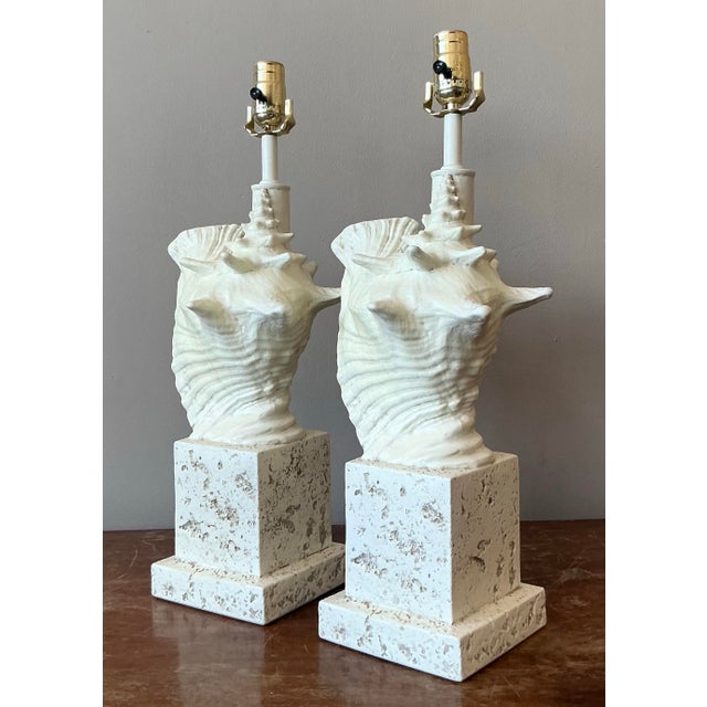 Late 20th Century Vintage Coastal Cast Plaster Conch Shell Lamp - A Pair For Sale - Image 5 of 10