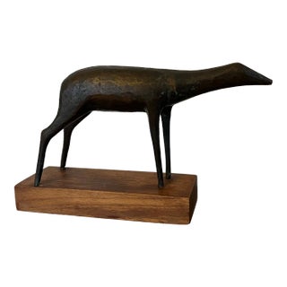 Abstract Mid-Century Modern Bronze Sculpture of a Standing Deer Mounted on Wood Base For Sale