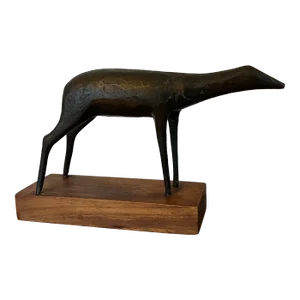 Abstract Mid-Century Modern Bronze Sculpture of a Standing Deer Mounted on Wood Base
