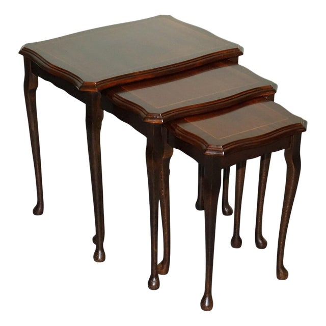 Vintage Queen Anne Hardwood Nest of Tables with Inlay, Set of 3 For Sale