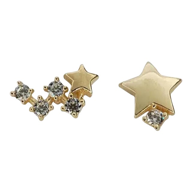 14k Solid Gold Japanese Asymmetric Star Women Modern Diamond Stud Earrings - 2 Pieces For Sale