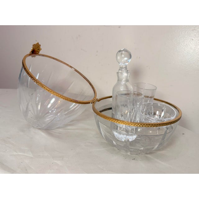 Vintage Handmade French Gilt Brass Cut Crystal Caviar Egg Caddy Jar Bar Set For Sale - Image 11 of 13