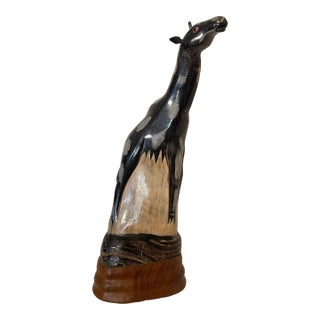 Vintage Tribal Wood Carved Giraffe Figurine, Black, Gray and Brown For Sale