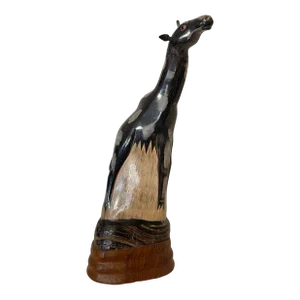 Vintage Tribal Wood Carved Giraffe Figurine, Black, Gray and Brown