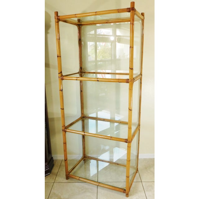 Tan Large Vintage Bamboo & Encased Glass 4 Tier Etagere Book Shelf Rack Curio Display Case For Sale - Image 8 of 12