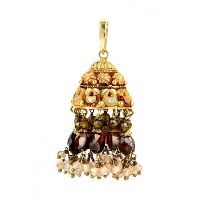 Gold Multi Colored Gemstone 20K Gold Dangle Earring & Pendant Set For Sale - Image 8 of 8