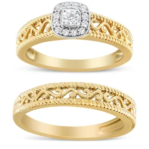 14K Yellow Gold Plated .925 Sterling Silver 1/5 Cttw Diamond Halo and Milgrain Finish Engagement Ring Bridal Set (I-J Color I3 Clarity) - Size 11