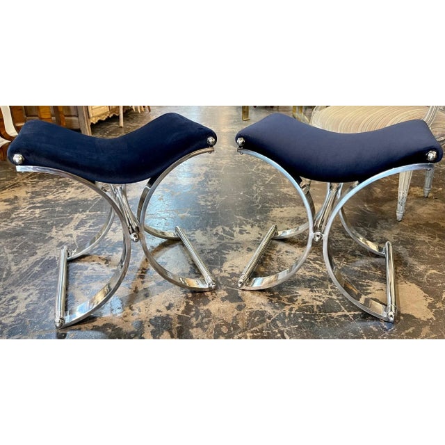 Royal Blue Mid Century Modern Vintage Italian Heavy Chrome Plated and Velvet Stool For Sale - Image 8 of 9