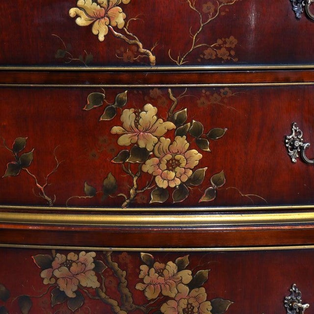 Floral Painted Chinese Chippendale Mahogany Six Drawer Highboy Chest c1920. 76 7/8" x 37 1/2" x 20". A striking antique...
