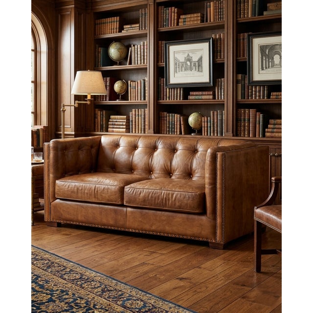 Animal Skin Tuxedo Leather Love Seat - Light Brown For Sale - Image 7 of 7