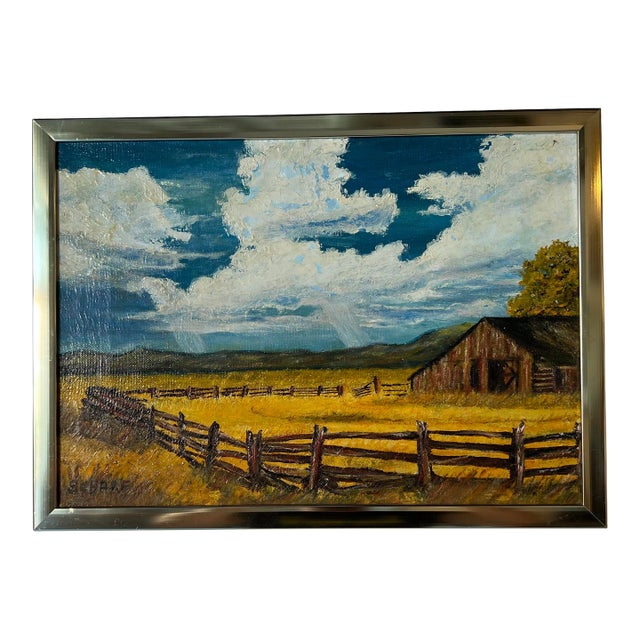 1970's Schafer Autumn Barn Landscape Oil Painting For Sale
