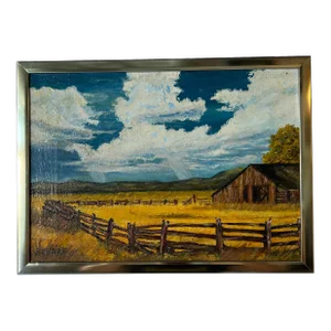 1970's Schafer Autumn Barn Landscape Oil Painting