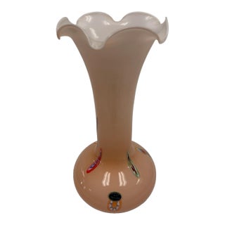 Vintage Italian Lavorazione Arte Murano Cased Glass Ruffled Rim Pink Opaline Vase For Sale