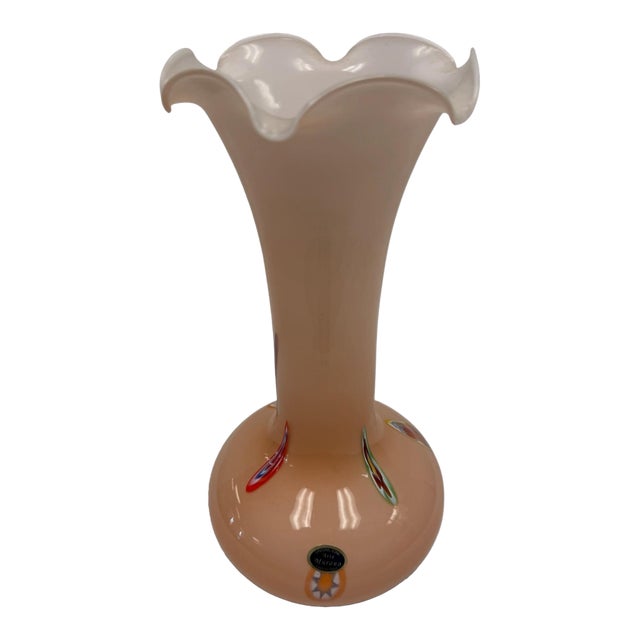 Vintage Italian Lavorazione Arte Murano Cased Glass Ruffled Rim Pink Opaline Vase For Sale