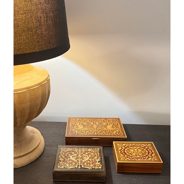 A Collected Trio of Vintage Italian Marquetry Wood Inlay Trinket Boxes With Highly Detailed, Mirror-Image Arabesque...