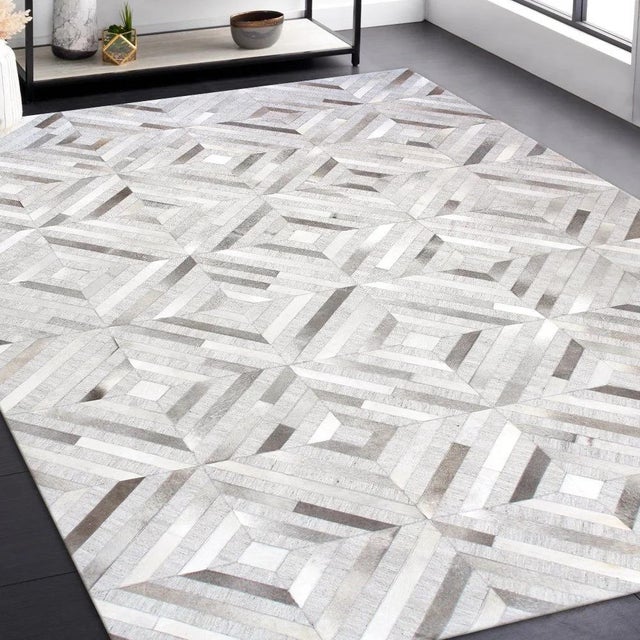 2010s Galaxy Cowhide & Sari Silk Silver Area Rug, 5' 0'' X 8' 0'' For Sale - Image 5 of 7