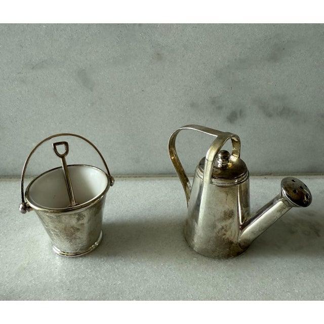 American Vintage Godinger Silver Plate Watering Can and Bucket Salt and Pepper Set For Sale - Image 3 of 9