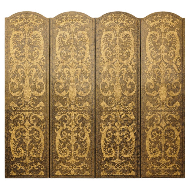 Vintage Four-Panel Screen with Gilt Renaissance-Style Scroll and Urn Motifs For Sale - Image 14 of 18