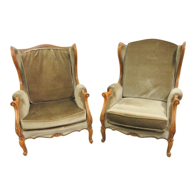 Louis Xv Velvet Upholstered Walnut Wingback Chairs A Pair Chairish