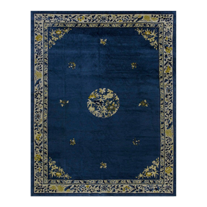 Beautiful Navy Background Color With Exquisite Floral-Medallion Design Antique Chinese Peking Rug