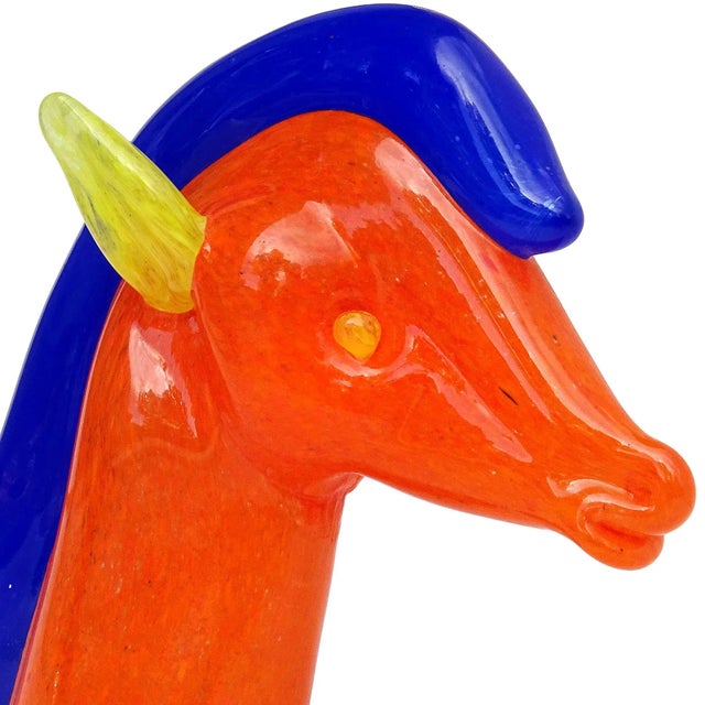 Beautiful vintage Murano hand blown bright orange yellow and blue Italian art glass horse head figurine / sculpture. The...