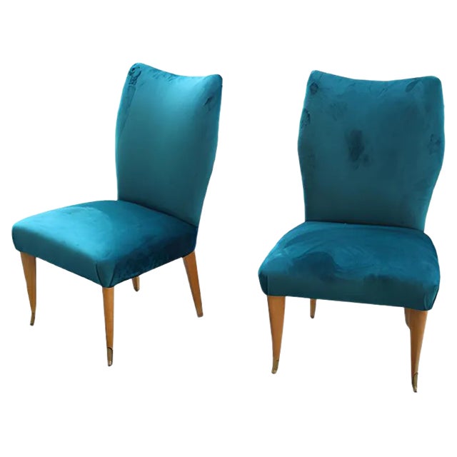 Set of Italian Petrol Green Velvet Lounge Chairs, 1950s For Sale