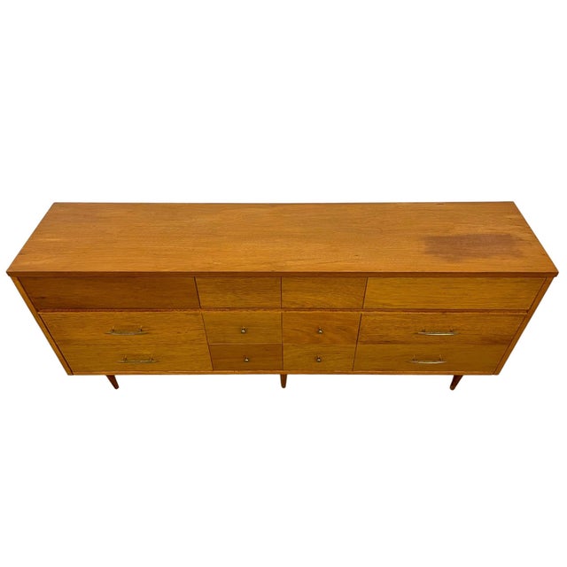 Wood Vintage Mid Century Modern Credenza Dresser With 12 Drawers, Tapered Legs and Brass-Toned Hardware For Sale - Image 7 of 9