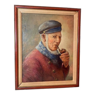 Antique 1920's Elder Man Expressionism Smoking Pipe Oil Painting Portrait Art For Sale