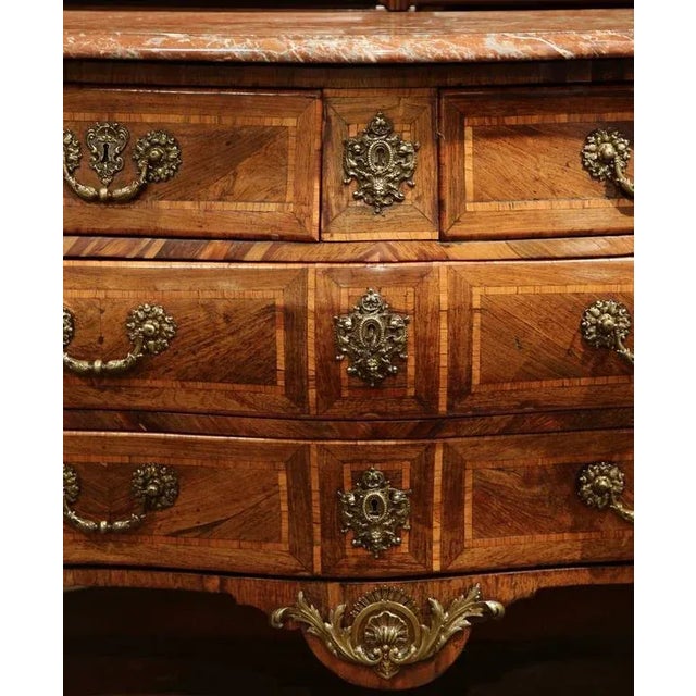 Brown 18th Century French Louis XV Walnut Commode With Inlay Motifs & Rouge Marble Top For Sale - Image 8 of 10