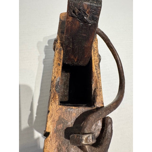 Burnt Umber Antique Hand Carved Wooden Oil or Grease Carrier "Oil Purse" For Sale - Image 8 of 8