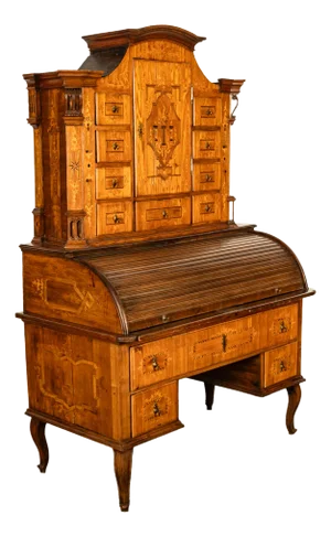Antique Austrian Baroque Biedermeier Marquetry Roll Top Tabernacle Cabinet Desk Circa 1820