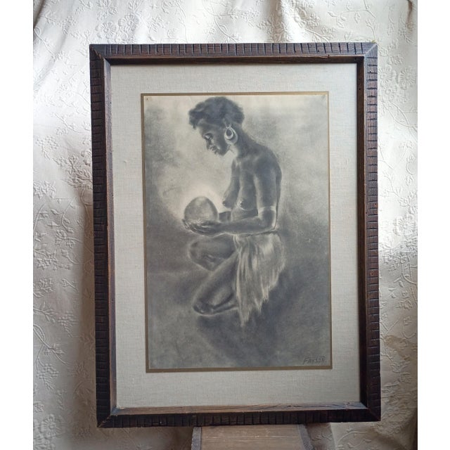 1970s Vintage Mid-Century Figurative Charcoal Drawing of Kneeling Figure With Glowing Orb – Signed "Fryson" For Sale - Image 5 of 8