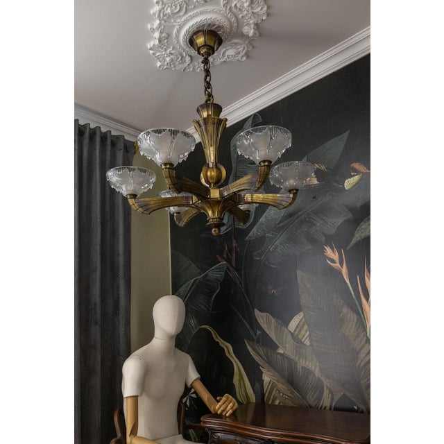 French Art Deco Six-Light Bronze & Frosted Glass Chandelier, 1930s For Sale - Image 10 of 18