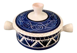 Vallauris Allix Picault, Vintage MCM Signed Casserole Enameled Faience Tureen White and Blue Cobalt, Made in France