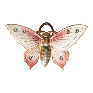 Antique French Fives Lille Majolica Pink Butterfly Wall Pocket, Circa 1900 For Sale