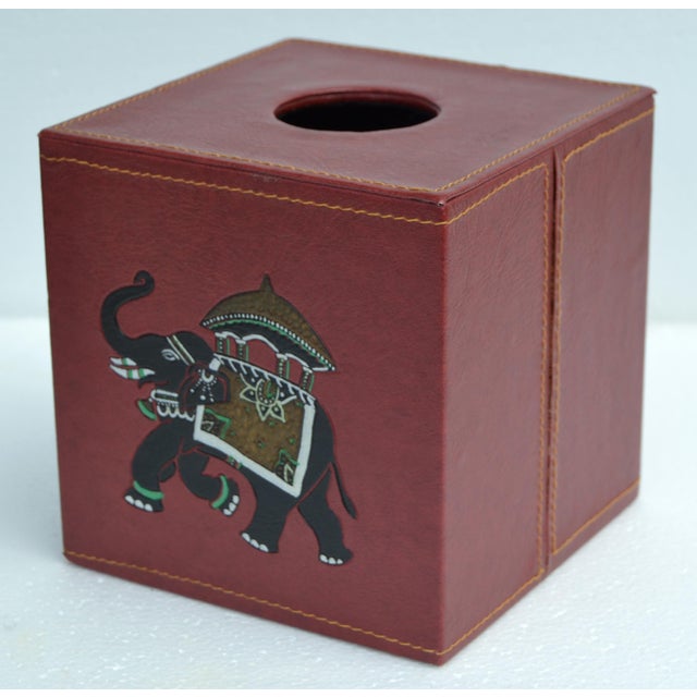 Mid-Century Modern Late 20th Century Burgundy Embossed Leather Elephant Tissue Box Kleenex Cover For Sale - Image 3 of 18