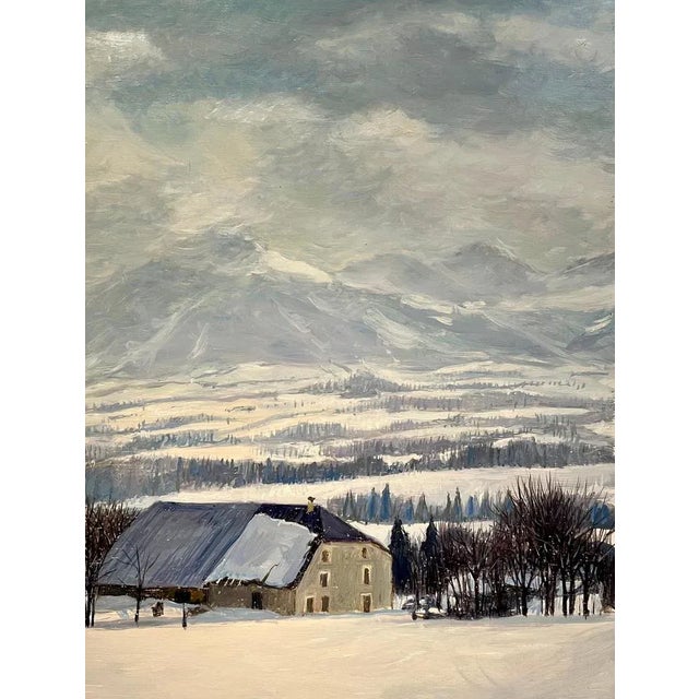 Claude Sauthier, Farm in Winter 2, Oil on Wood, 1970s For Sale - Image 4 of 13