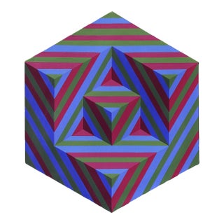 1997 Geometric Painting Hexagonal Frame Signed E. Powell in the Manner of Victor Vasarely For Sale