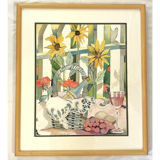 American Original Signed and Framed Watercolor Painting 'Afternoon Cabernet' by Lorraine Schellinger C1990's For Sale - Image 3 of 15